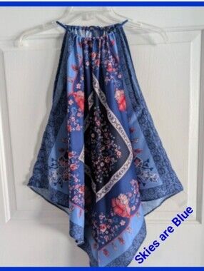 Skies Are Blue Navy & Light Blue Floral Asymmetrical Hanky Hem Halter Top